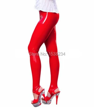 Mulheres de Borracha Vermelha Pé de Calças de Látex Calças Pisar em Leggings de Cintura Alta Virilha Zip 0