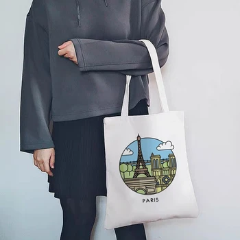 Mulheres De Lona Bolsa Famosos Lugares Do Mundo Desenho Arquitetônico Tote Bag Shopper Bag Shopping Fashion Saco De Ombro Saco Reutilizável
