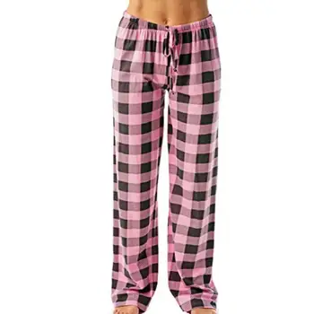 Mulheres Dormir de Calças de Xadrez Padrão de Calça de Pijama de Alta Elasticidade Ampla Pernas de Algodão Solto Calças de Senhoras pantalones de muje