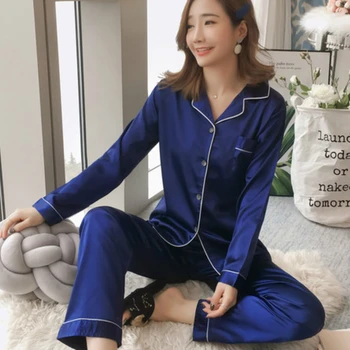 Mulheres Pijama Conjuntos De 2023 Qualidade Do Novo Sexy De Cetim Azul De Gelo Seda Nobre Pijamas Coreia Do Doce De Manga Longa, Calças De Pijamas Mulheres