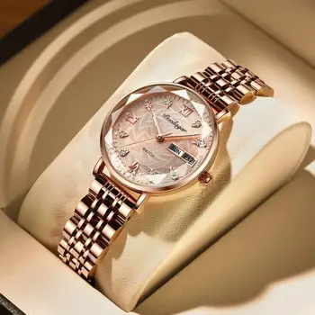 Mulheres Relógio De Aço Inoxidável De Malha Rosa De Ouro Simples Impermeável Luminosa Senhoras Relógios De Luxo Quartzo Elegante Relógio