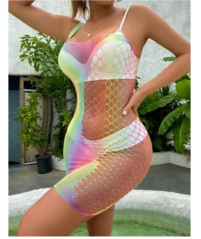 Mulheres Sexy Do Arco-Íris, Uma Peça De Um Ombro Vestido Candy Color Bodystocking Lingerie 0