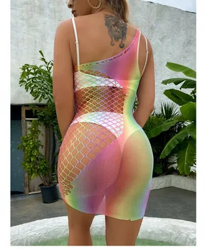 Mulheres Sexy Do Arco-Íris, Uma Peça De Um Ombro Vestido Candy Color Bodystocking Lingerie 2