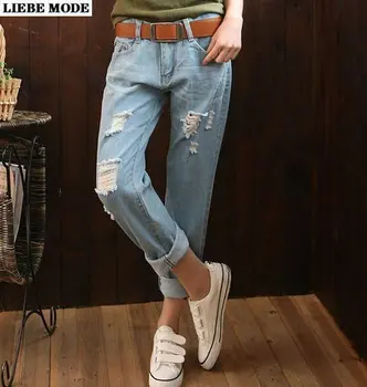 Mulheres Streetwear Solta Ripped Jeans Calças para Mulheres Casuais Harém Calças Jeans Plus Size Angustiado Comprimento do Tornozelo Jean Femme 0