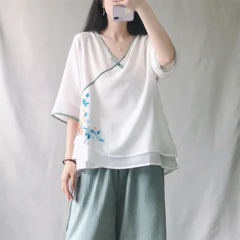 Mulheres Tang Ternos Nacional Chinês de Estilo Vintage com Decote em V Manga Curta com Bordado Floral Chiffon Solta Fina Tops Zen Chá de Roupas 0