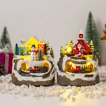 Natal Casas de Aldeia Ornamento Rotativo Casa do Trem com o DIODO emissor de Luz de Música de Árvore de Natal Estátua Decoração de Casa Artesanato de Presente de Natal