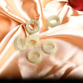 Natural hetian jade branco anéis gravado moiré jóia de gemstone da banda anel de pedras de jade para as mulheres de joalharia de luxo, jóias anéis 4