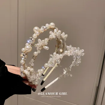 Nova Pérola da Flor de Cristal em forma de Cabeça de francês Doce Fada Cabeça de Aro Brilhante Mulheres de Cabelo Enfeite de Pérolas Hairband Delicada