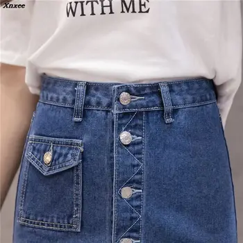 Novo 2018 Primavera Verão as Mulheres de Mini Saia Jeans de Cintura Alta Sexy Pendão de Uma linha-Saia Jeans Elegante Único Breasted Saias Xnxee 3