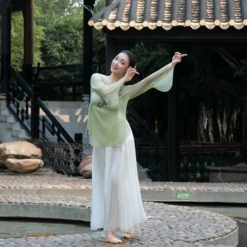 Novo Clássico, Dança Trajes De 2022 Moda Chinesa Estilo Retro Bordado Floral Fino Chiffon Tops Elegante Terno Prática De Roupas
