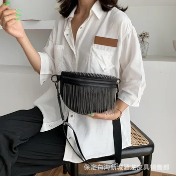O coreano estrangeiros saco de estilo feminino 2021 nova moda de banda larga messenger cintura textura rebite pendão das mulheres de peito 3