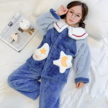O coreano Flanela Pijamas Bonitos Conjuntos para Meninas Pijamas de Inverno Outono Quente de Mangas compridas, Roupas Conjuntos Home vestem Pijamas 4-12Y 0