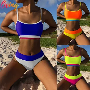 OEING Sexy Cor de Retalhos Biquini Cami Sutiã Acolchoado Micro Tanga de Verão de Natação de roupa de Banho moda praia Monokini 2022