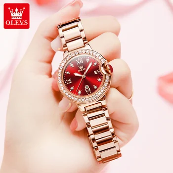 OLEVS Relógio para Mulheres Decoração do Diamante de Quartzo Mulheres Relógio Conjunto de Aço Inoxidável de Ouro Rosa de Luxo Marca de Topo do Relógio de Pulso Gift Set