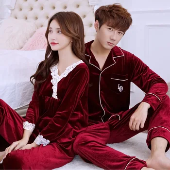Os amantes do Pijama das Mulheres Conjunto de Pijama de Inverno de Espessura Quente Veludo Ouro Pijama Conjuntos de Guarnição do Laço de Pijamas Homens soltos grande Roupa de Homewear 0