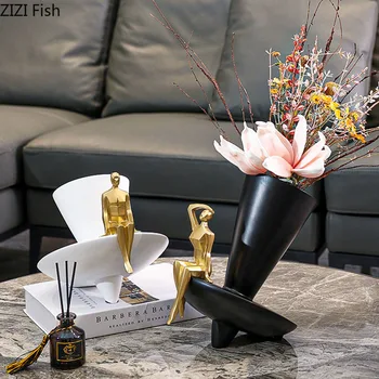 Ouro Personagem Resinas Vaso Figura Abstrata Flores, Potes Decorativos Arranjo De Flor Decoração Da Mesa Floral Moderno Vasos