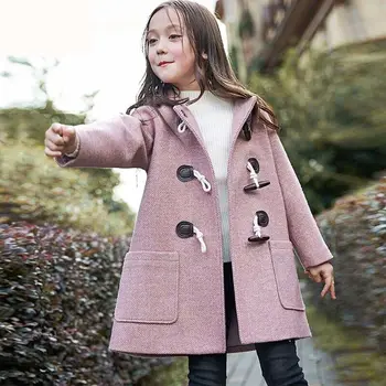 Outono Inverno Snowsuit Botões cor-de-Rosa com Capuz para Crianças de Lã Casaco de Menina de Jaqueta de Moda Médio Grande Meninas Engrossado Misturas de Lã 3