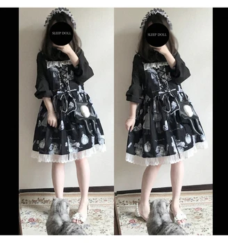 Palácio de princesa doce lolita vestido vintage escuro de cintura alta de impressão vestido vitoriano kawaii girl gothic lolita vestido de alça 0
