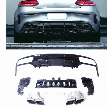 Para a Mercedes-Benz W205 Classe C AMG Coupé 2 Portas 2015-2021 C63 Estilo pára-choques Traseiro com Difusor Lip+Prata Silenciador de Escape Ponta do Tubo Kit 0