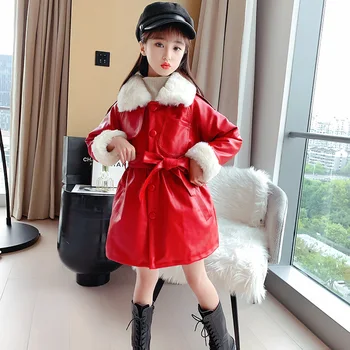 Para crianças de Inverno de Pelúcia, Veludo Quente e Confortável, Revestimento do PLUTÔNIO Meninas Longa Secção coreano PU Vermelho Preto Blusas de 12 Anos de Roupa