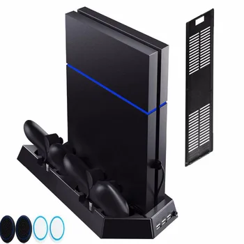 Para o PlayStation 4 PS4 e PS4 Slim Console Vertical Stand w/ Ventilador de Refrigeração Carregador de Carregamento Dock Station w/ USB HUB caps 4pcs