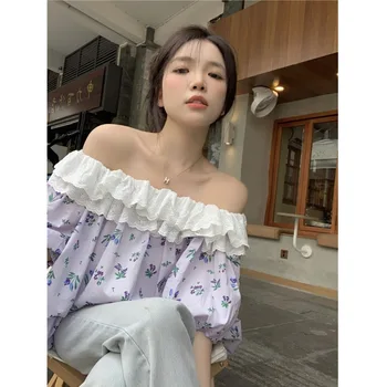 Patchwork de renda off ombro floral, camisa de manga curta feminina de verão de design francês sentido de nicho chique off ombro da moda