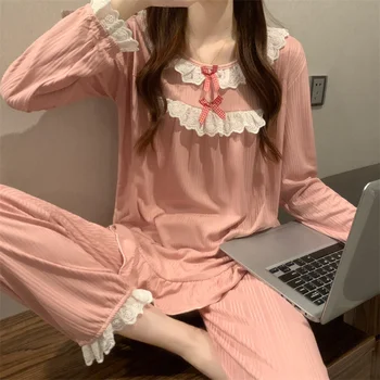 Pijama Conjunto Sexy Arco Pijamas Para Mulheres cor-de-Rosa Elástico Pyjama das Mulheres de Poliéster de Moda Doce Homewear Roupas Tamanho Grande