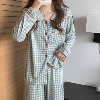 Pijama Conjuntos Mulheres Elegantes Xadrez Minimalista Doce Outono Aluno Virada Para Baixo De Gola Feminino Lazer Estilo Coreano Pijamas Faculdade 2