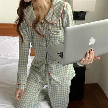 Pijama Conjuntos Mulheres Elegantes Xadrez Minimalista Doce Outono Aluno Virada Para Baixo De Gola Feminino Lazer Estilo Coreano Pijamas Faculdade 3