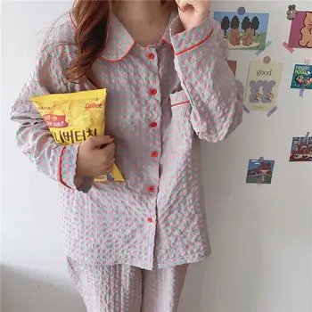 Pijama Conjuntos Simples das Mulheres na Moda Doce de Retalhos da Manta Pijama Aluno Bolso de Algodão de Manga Longa e Calças Sweet Home Desgaste Linda 1