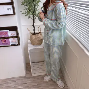 Pijama Conjuntos Simples das Mulheres na Moda Doce de Retalhos da Manta Pijama Aluno Bolso de Algodão de Manga Longa e Calças Sweet Home Desgaste Linda 5