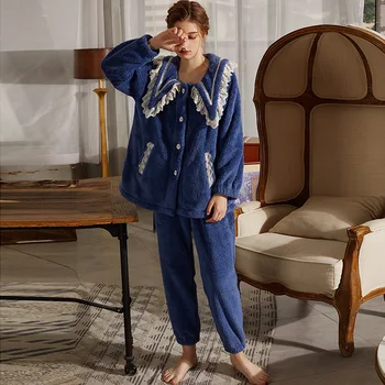 Pijama de flanela de Inverno Senhoras Coral do Fleece Homewear Pijama Conjunto Senhora azul Marinho
