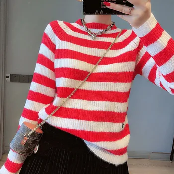 Pista Camisola Mulheres Mohair Suéter Listrado 2021 Moda Outono Senhoras Jumpers Vermelho Solto Pulôver De Tricô Streetwear