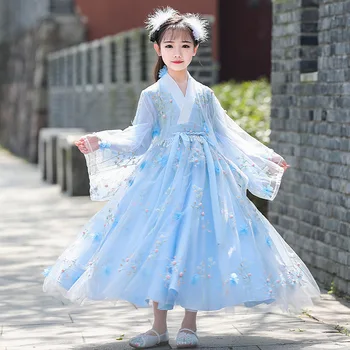 Primavera Autunm Filhos Azul Floral Bordado Em Tule Tang Terno Chinês Tradicional Meninas Antiga Hanfu Traje 0
