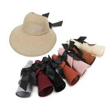 Protetor solar grandes borda chapéus de sol para as mulheres dobradura do chapéu de palha das mulheres de verão dobrável arco superior vazio sol caps férias chapéus de praia