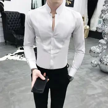 Queda de 2021 Novos Homens de pé de Manga comprida, Vestido de Camisa Masculina Barra de Cabeleireiro Cantor Solid V-Pescoço Magro Casual Camisa 0