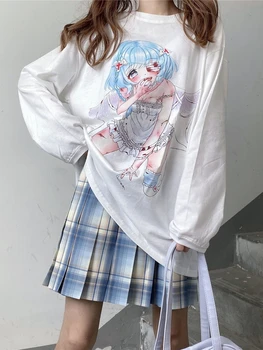 QWEEK Harajuku Anime Gráfico T-Shirts Mulheres Japonês Streetwear Mangá de Impressão Tees Brancos Tops de Manga Longa 2022 coreano Moda Kpop