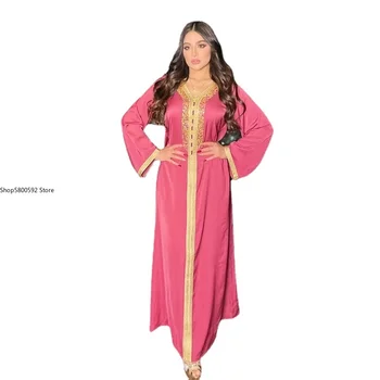 Ramadã, Eid Moubarak Cor-De-Rosa Abaya Dubai, Turquia Islã Muçulmano Manto Longue De Cetim Longo Hijab Vestido Abayas Para As Mulheres Djellaba Femme