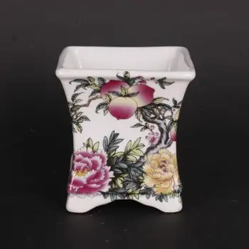 Requintado cerâmica famille rose longevidade pêssego quadrado pequeno vaso de flores