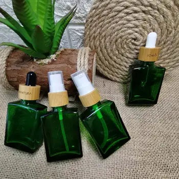 Retangular de vidro, frascos de perfume 30ml quadrado de vidro frascos conta-gotas para os olhos e face do óleo essencial de bambu de embalagens de cosméticos escultura