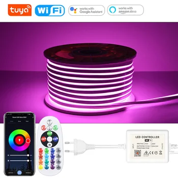 RGB LED Neon Tira 220V 5050 Luz Dimmable Fita à prova d'água IP67 1-100m Fita Flexível de Controle Remoto no Modo Música com Plug UE