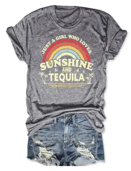 Rheaclot Garota Que Ama o Sol e Tequila Mulher do Algodão do T-shirt Senhoras Tee Gráfico Tops 1