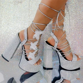 Strass Borboleta Lace-up Sandálias Bling Chunky Calcanhar Bomba Plataforma de Cor Sólida Estilo Europeu Rasa de Dedo do pé Aberto Mulheres Sexy Sapato