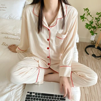 Sólida Outono Pijama Conjunto De Mulheres Breasted Único Camisas + Calça Conjunto De Duas Peças De Casa De Terno Coreano Pijamas Homewear Algodão 1