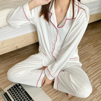Sólida Outono Pijama Conjunto De Mulheres Breasted Único Camisas + Calça Conjunto De Duas Peças De Casa De Terno Coreano Pijamas Homewear Algodão 2