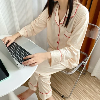 Sólida Outono Pijama Conjunto De Mulheres Breasted Único Camisas + Calça Conjunto De Duas Peças De Casa De Terno Coreano Pijamas Homewear Algodão 3