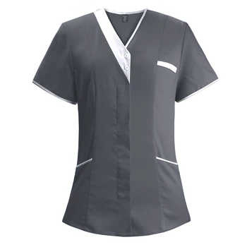 T-shirts Esfoliação Tops Mulheres a Trabalhar de Manga Curta com decote em V, com bancada de Trabalho Feminino Blusa Camisa Enfermeira Vestuário de trabalho Médico Uniforme jaleco Novo 1
