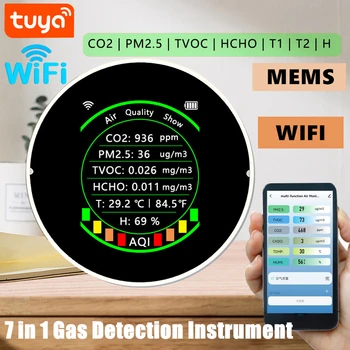 Tuya wi-Fi 7in1 Qualidade do Ar Medidor de PM2.5 de CO2 COVT HCHO de Temperatura e Umidade Portátil Testador de Exibição de Cor de Dióxido de Carbono Detector de