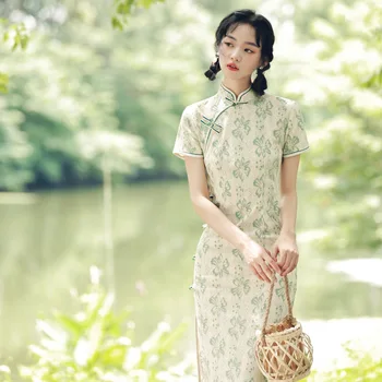 Verde de Renda Cheongsam de Manga Curta Chinês Tradicional Vintage Vestido de Trajes das Mulheres fina Elegante Qipao S Ao XXL 0