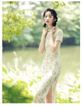 Verde de Renda Cheongsam de Manga Curta Chinês Tradicional Vintage Vestido de Trajes das Mulheres fina Elegante Qipao S Ao XXL 4